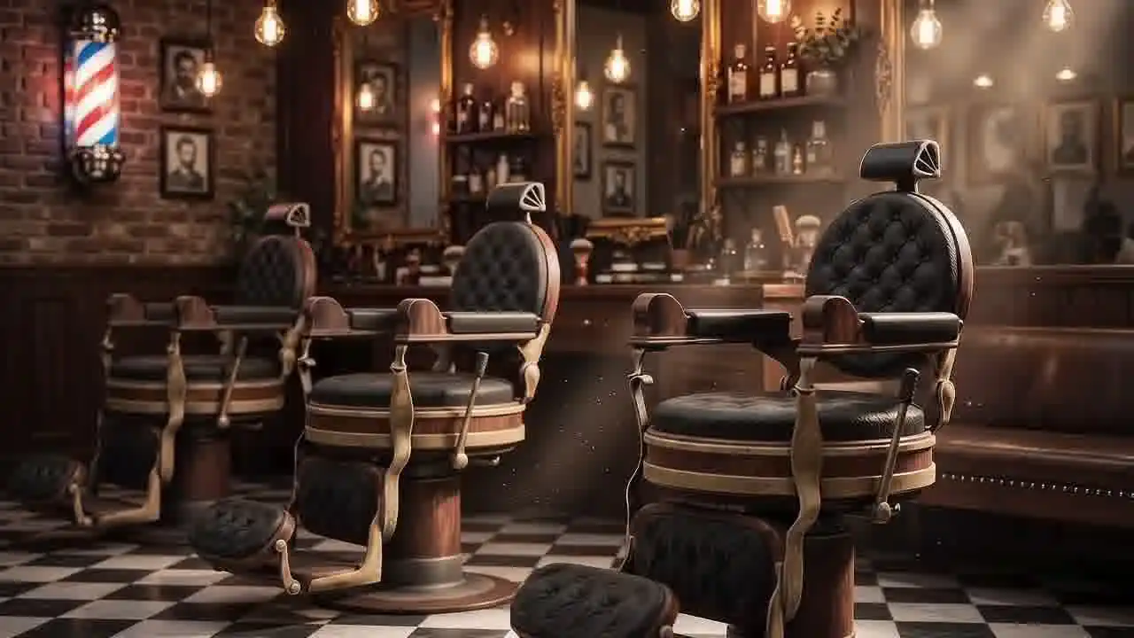 The barber shop interior with vintage chairs and a barber pole