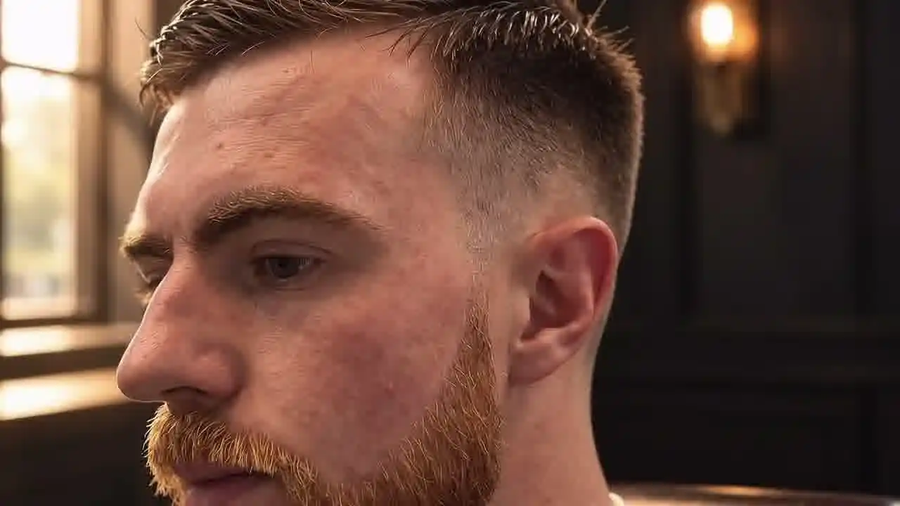 A client with a fresh precision fade and beard