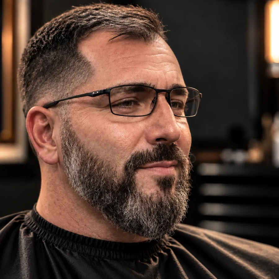 The Gentleman: Tidy short cut, beard trimmed to frame the face.