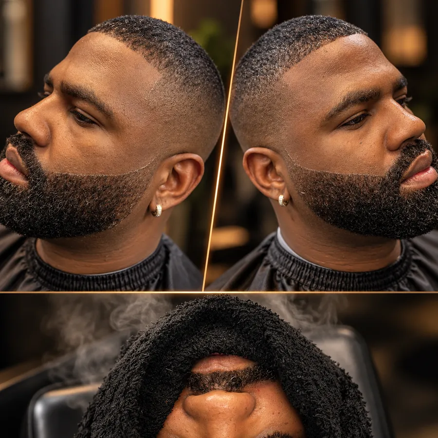 The Fade and Beard: Skin fade with a sculpted full beard and crisp lines.
