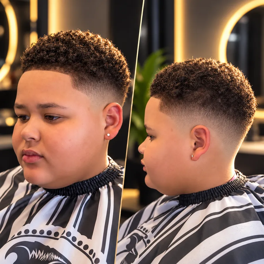 The Young Gent: Curly top with a clean low taper for the younger crew.