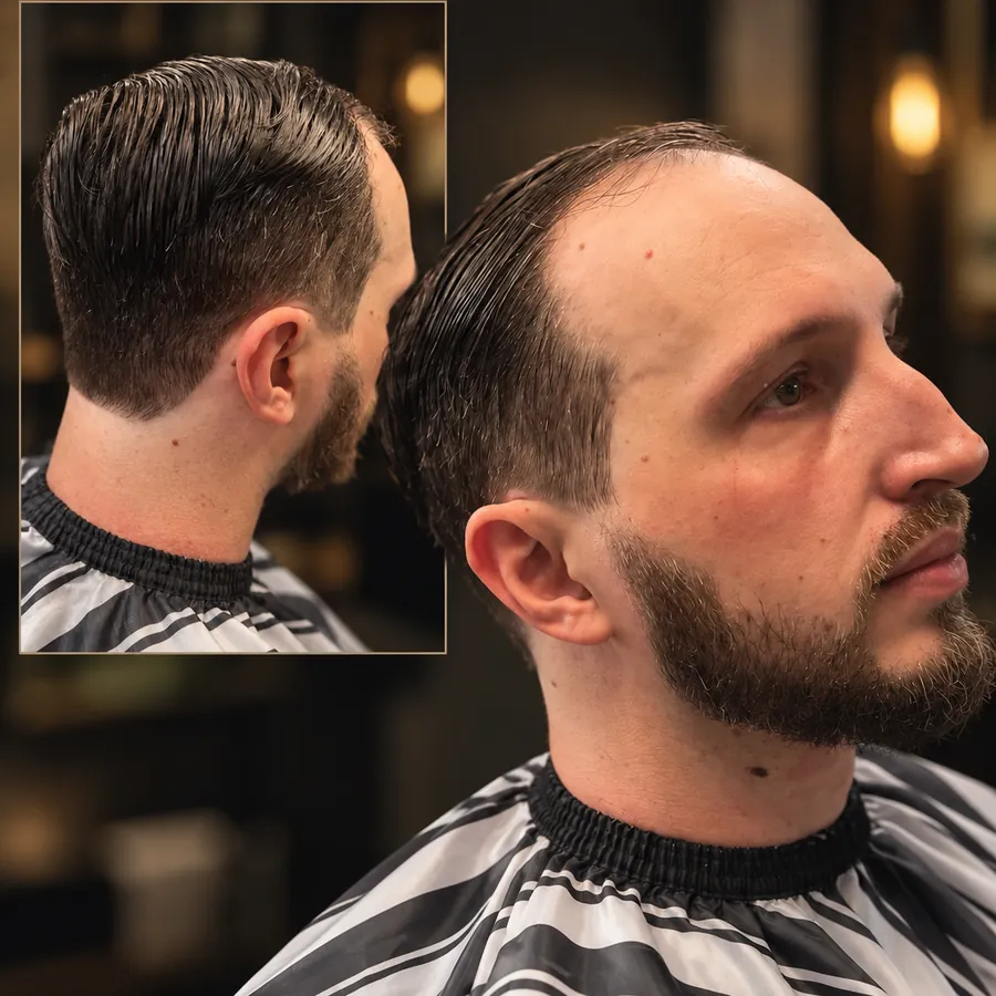 The Combed Back: Combed back with a soft side part and a tight beard.